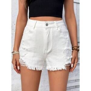 NEW TRENDSI distressed high rise denim shorts in white